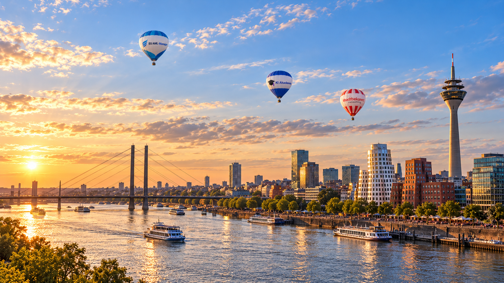 KI-generiertes Düsseldorf-Panorama mit Rhein, Rheinturm und drei kleinen, entfernten Markenballons am Himmel